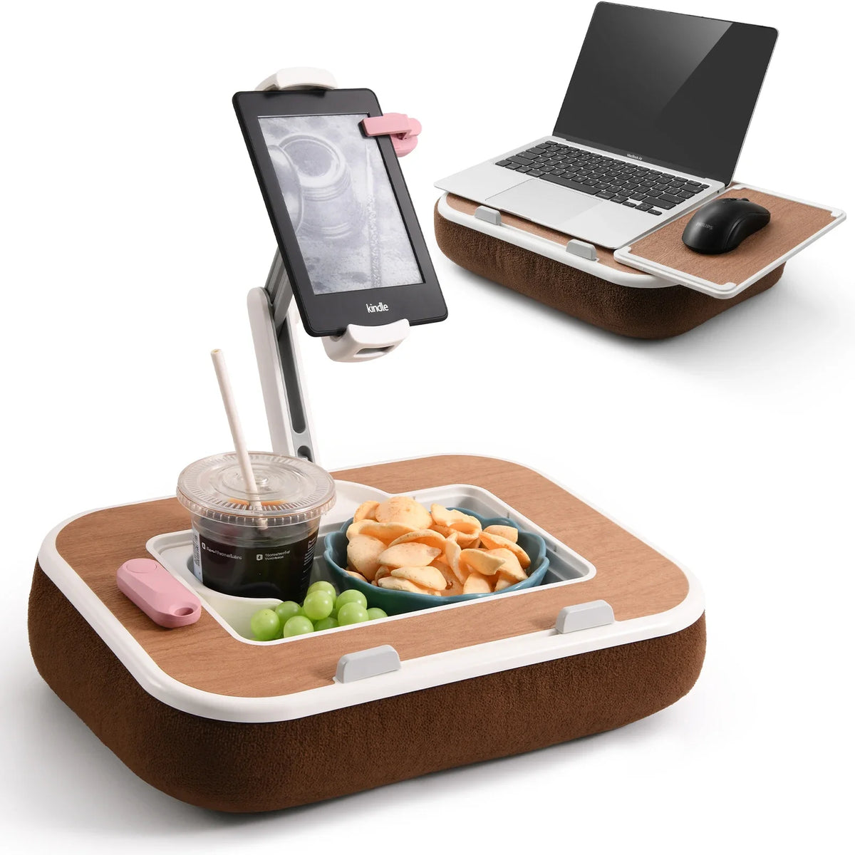 A 360° rotatable phone and tablet stand holding a smartphone and a laptop computer.