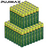 A grid of green and yellow high-performance disposable AA/AAA dry cell batteries.
