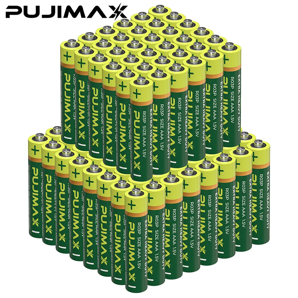 A grid of green and yellow high-performance disposable AA/AAA dry cell batteries.