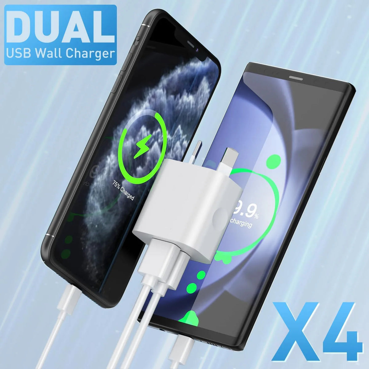 A Dual USB Wall Charger is shown charging two smartphones simultaneously.
