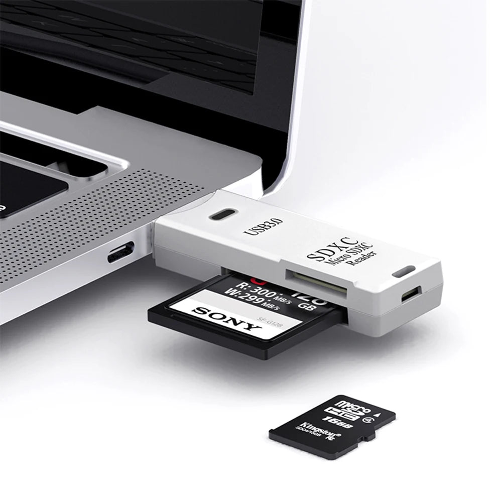 A white USB 3.0 card reader is shown next to a Sony SD card.