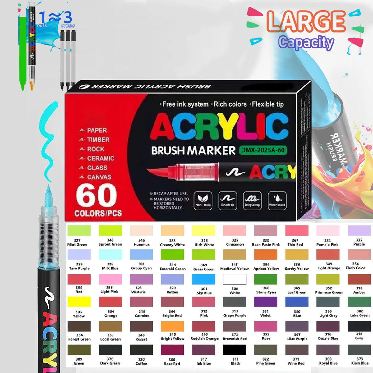 Box of 60-color acrylic brush markers featuring various colors like Mint Green, Red, Yellow, and Black.