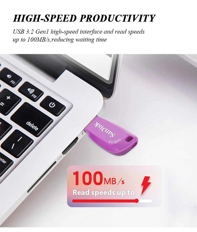 A close-up of a purple SanDisk Ultra Shift USB 3.2 flash drive resting on a white laptop keyboard.