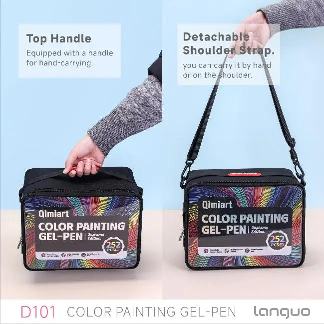 A black gel pen case is shown with a top handle and detachable shoulder strap, featuring colorful paint colors.