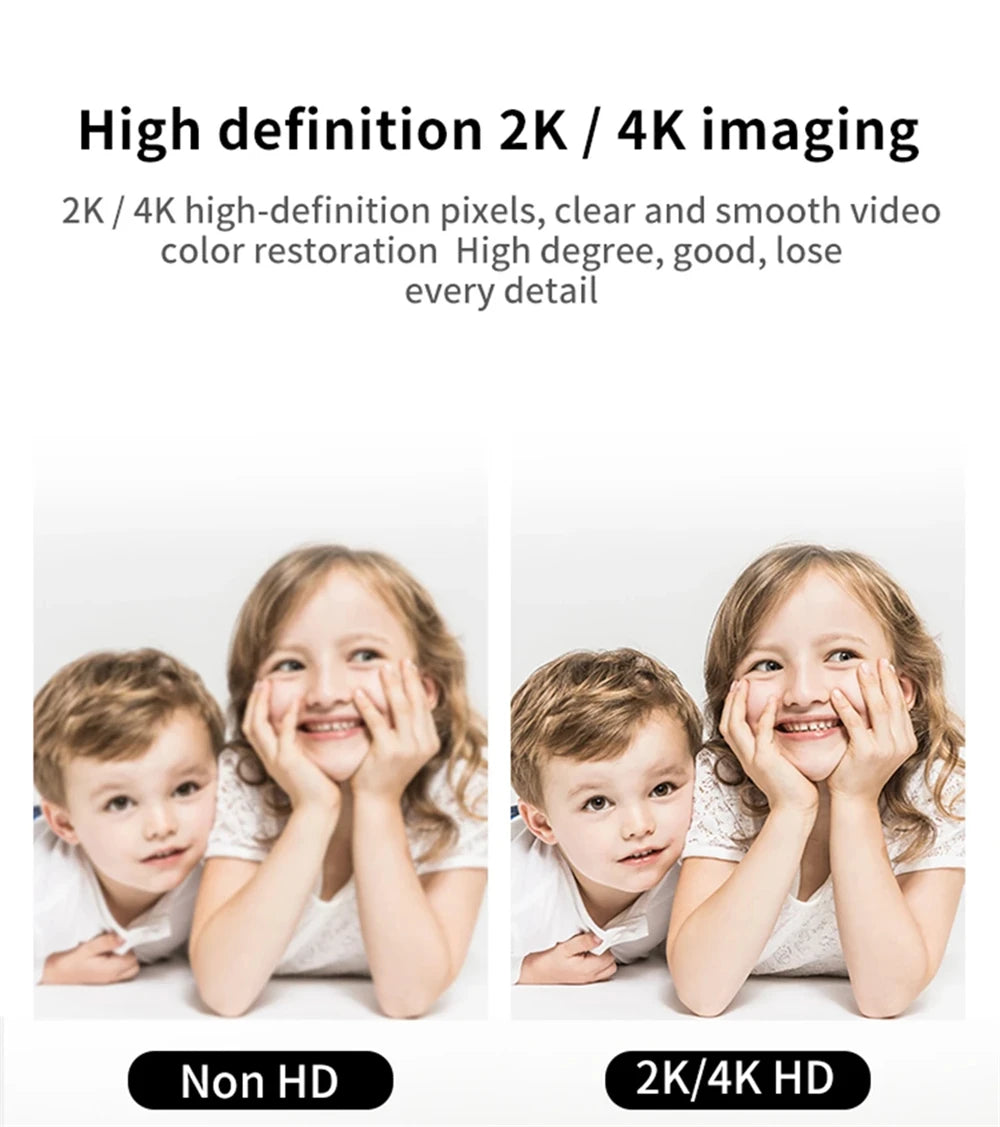 Two children holding their faces while a webcam is shown for comparison between Non HD and 2K/4K HD quality.