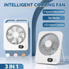 A white intelligent cooling fan is shown with adjustable speed, no noise feature, and an LED digital display.