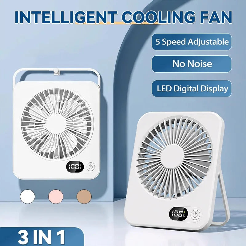 A white intelligent cooling fan is shown with adjustable speed, no noise feature, and an LED digital display.