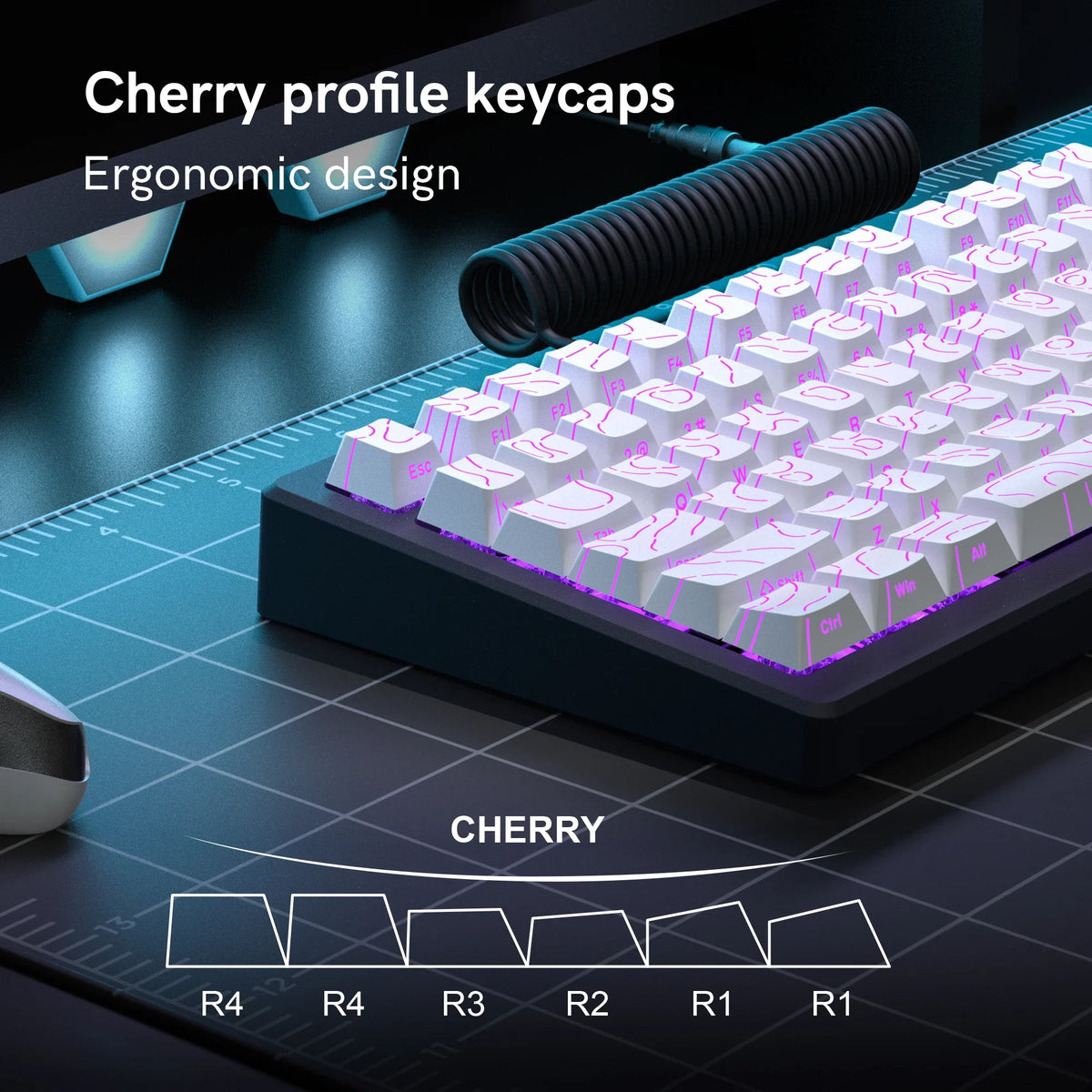 Cherry profile keycaps with ergonomic design shown on a keyboard layout.