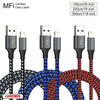 A set of LAIHONEN MFi Certified data cables in various lengths and colors, including black, blue, and red.