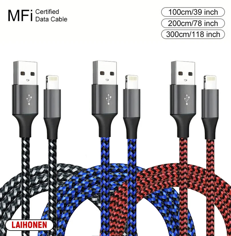 A set of LAIHONEN MFi Certified data cables in various lengths and colors, including black, blue, and red.
