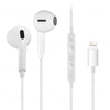 A white portable wired earphone set with a microphone and charging cable.