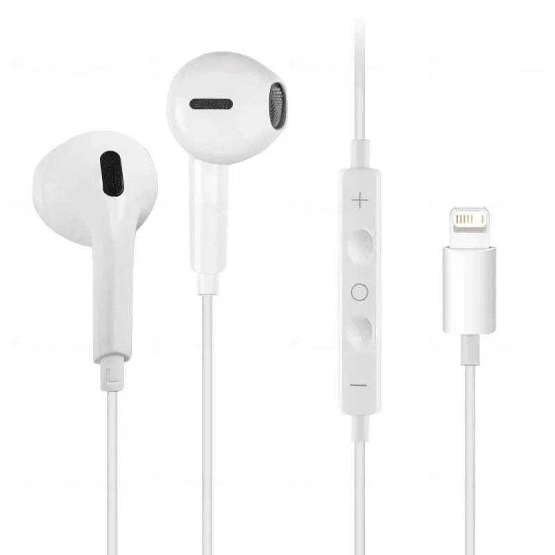 A white portable wired earphone set with a microphone and charging cable.