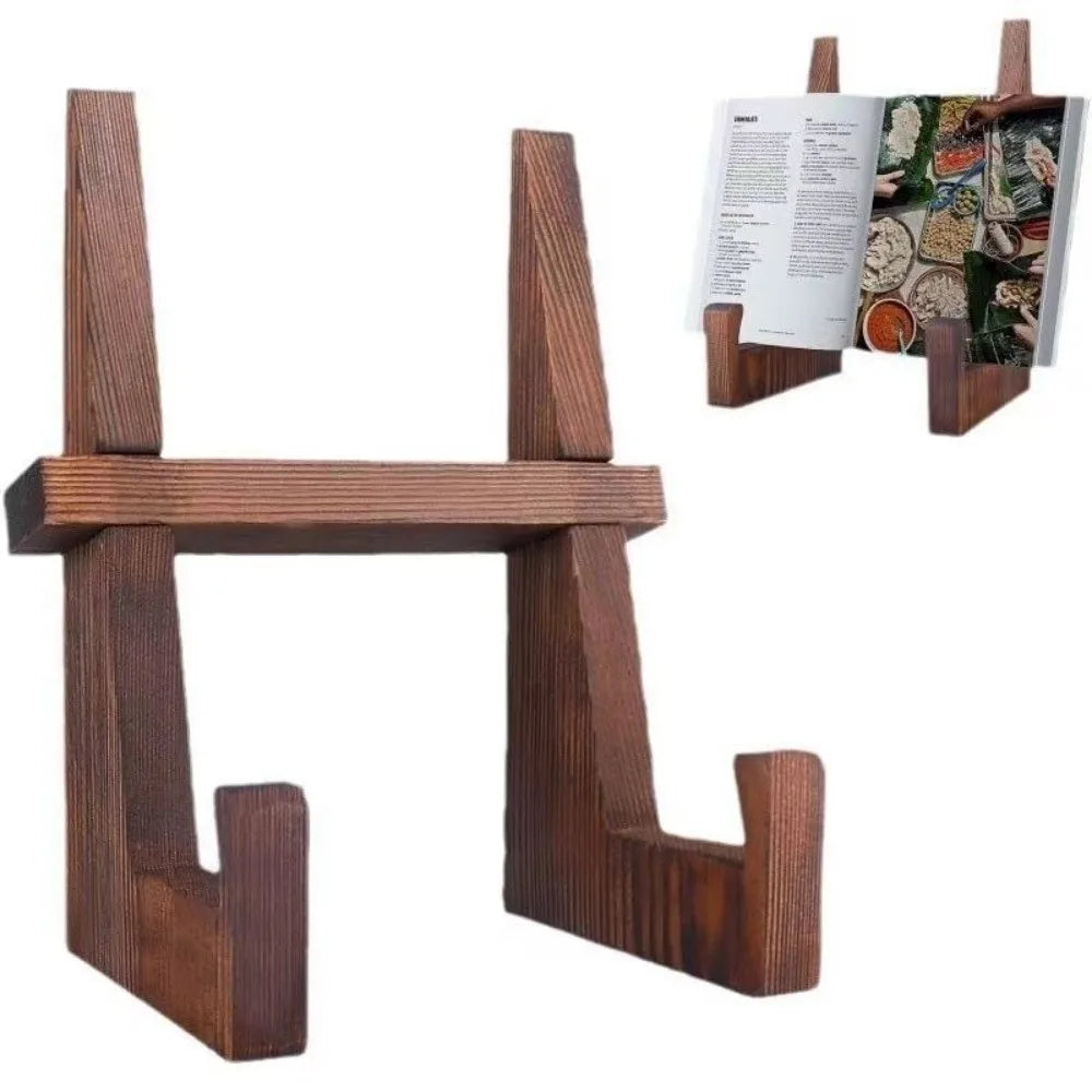 A wooden cookbook holder with a stand and a display board showing recipes.