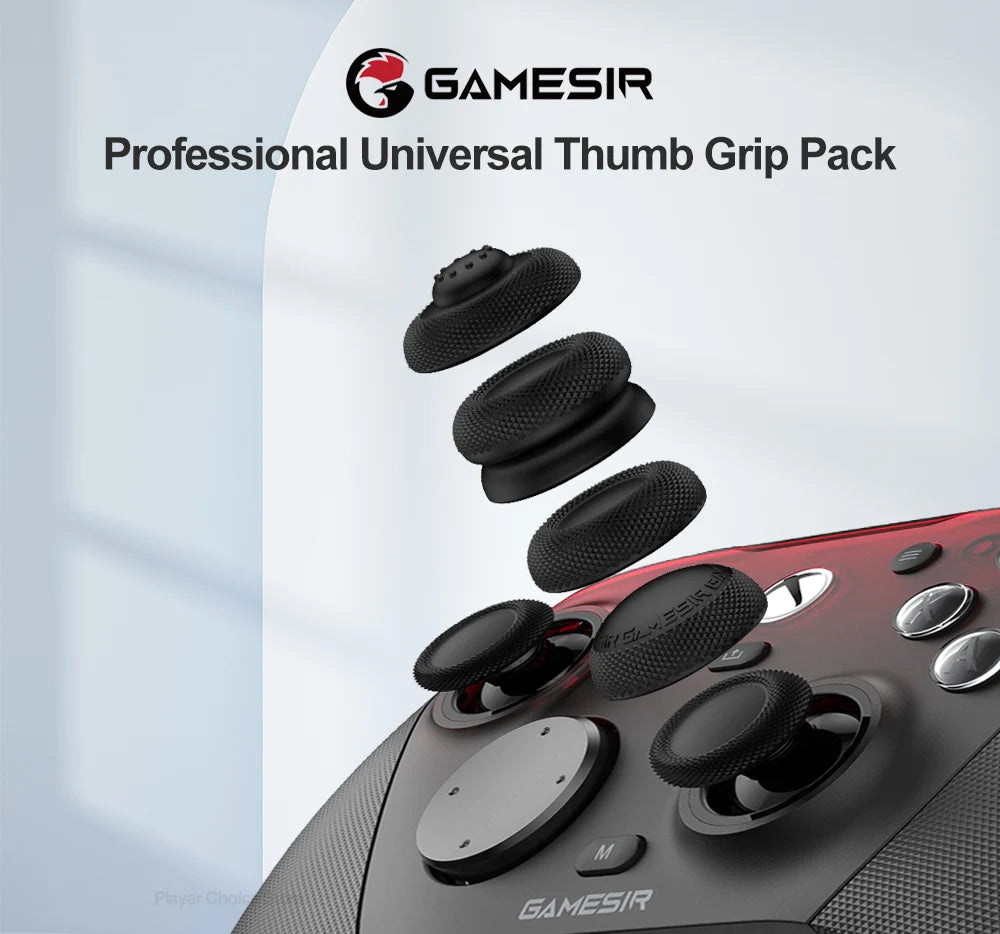 A pack of black silicone thumb grips for a game controller shown on a gray background.