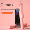A pink 7 meter photography selfie stick is shown next to a smartphone, with text indicating its length and usage options.