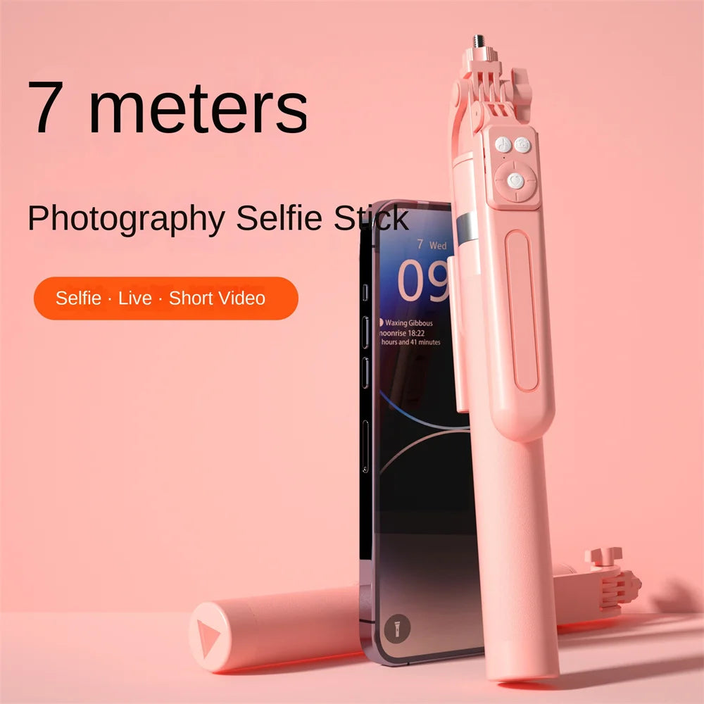 A pink 7 meter photography selfie stick is shown next to a smartphone, with text indicating its length and usage options.