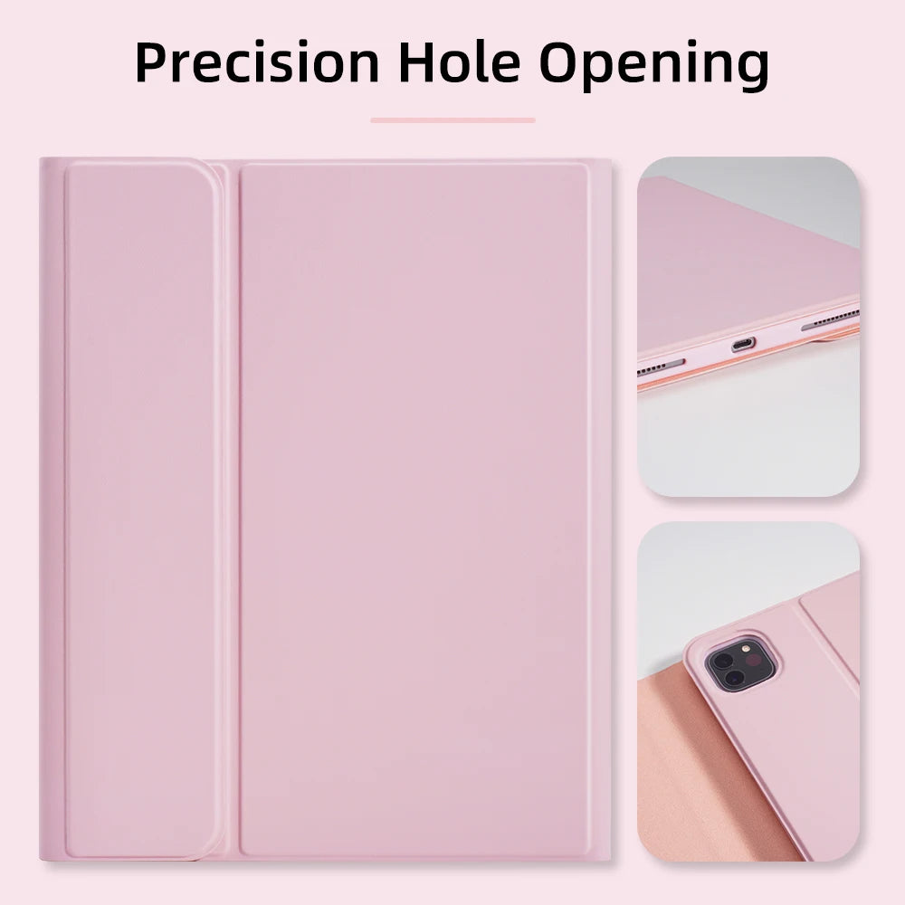 Pink precision hole opening keyboard case for iPad with a visible phone cutout example.