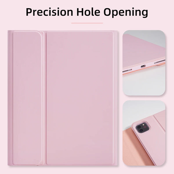 Pink precision hole opening keyboard case for iPad with a visible phone cutout example.