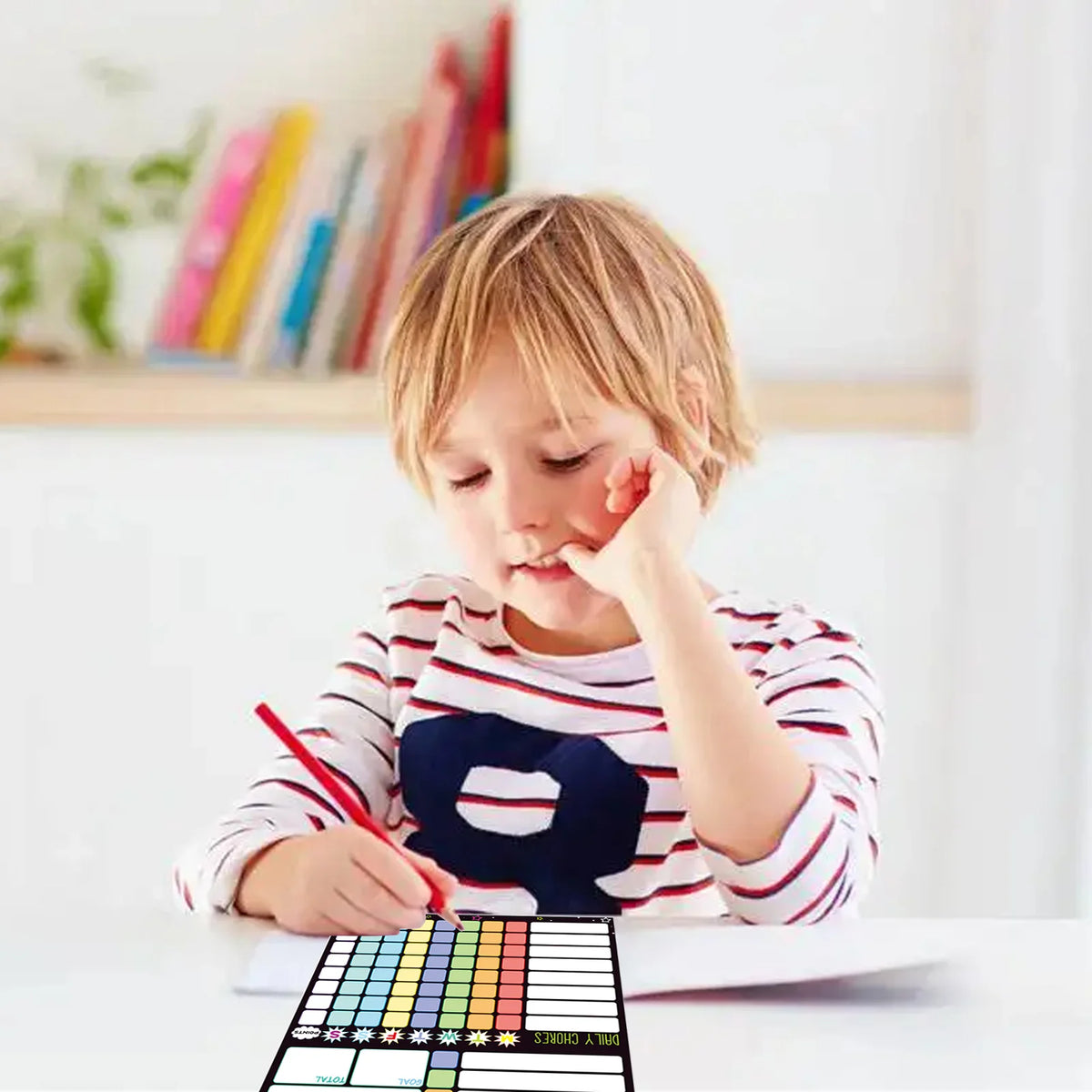 A young child is using a magnetic weekly chore chart for kids on a table.