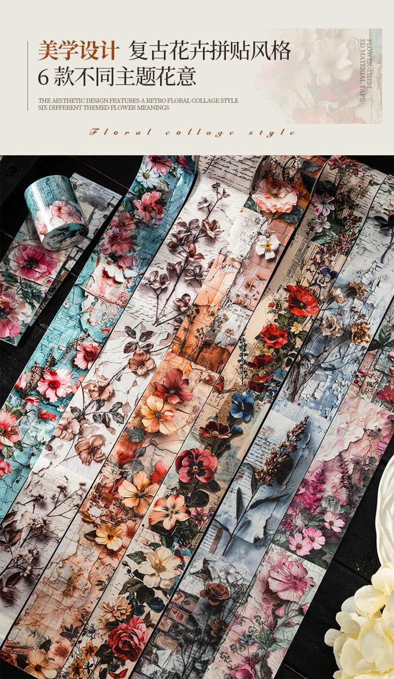A collection of floral collage style decorative washi tape featuring various pink, red, and orange flowers on a light backgro