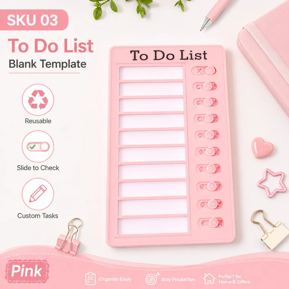 Pink reusable to do list blank template with grid lines for tasks and habit tracking