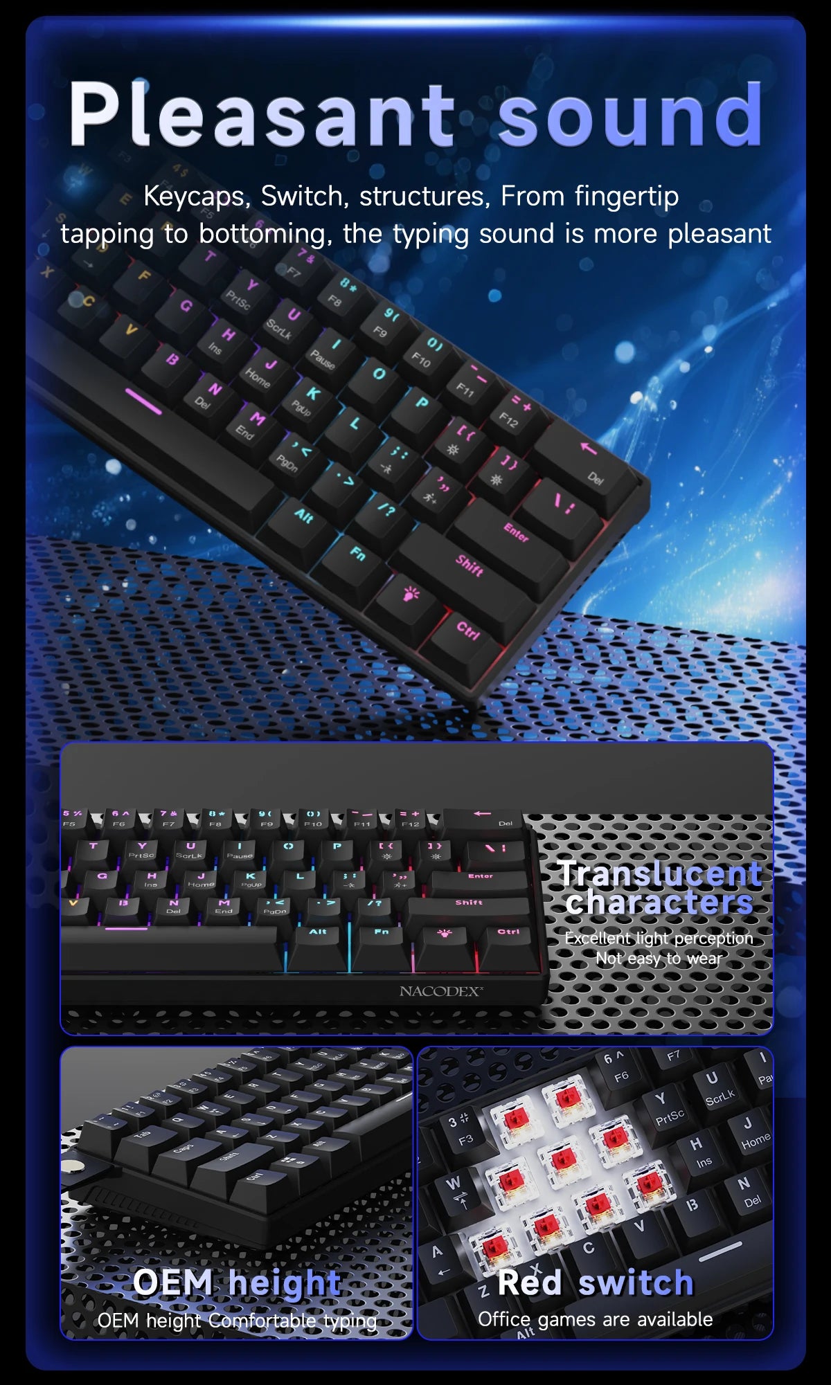 A close-up view of a black mechanical keyboard featuring keycaps, switch structures, and translucent characters.