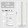 White 4 in 1 paper cutter with four interchangeable knife tips including straight line, dotted line, wavy line, and crimping 