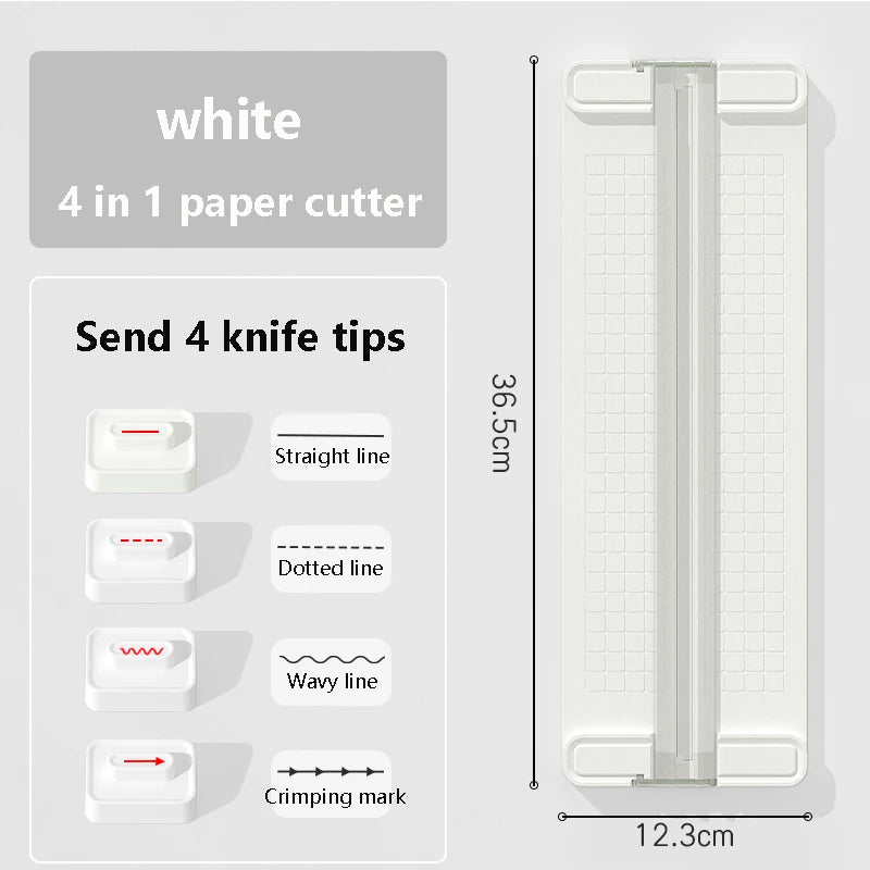 White 4 in 1 paper cutter with four interchangeable knife tips including straight line, dotted line, wavy line, and crimping 