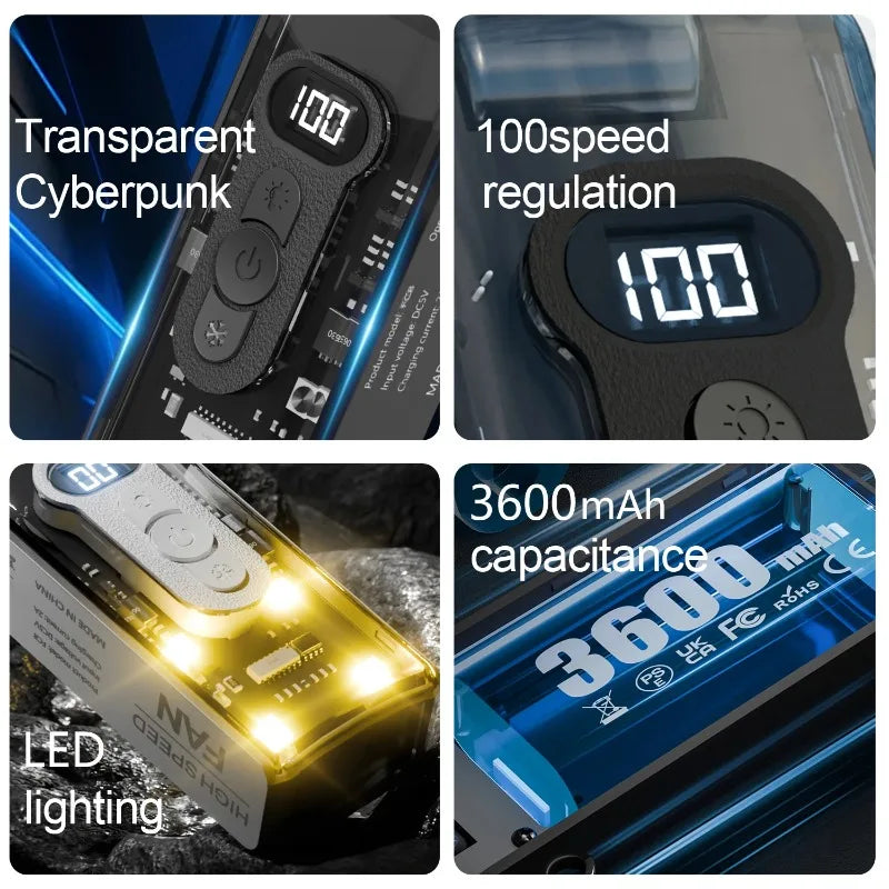 لقطة مقربة لمروحة تبريد جليدية محمولة بتصميم سايبربانك شفاف، وقياس سرعة 100، ومصباح LED