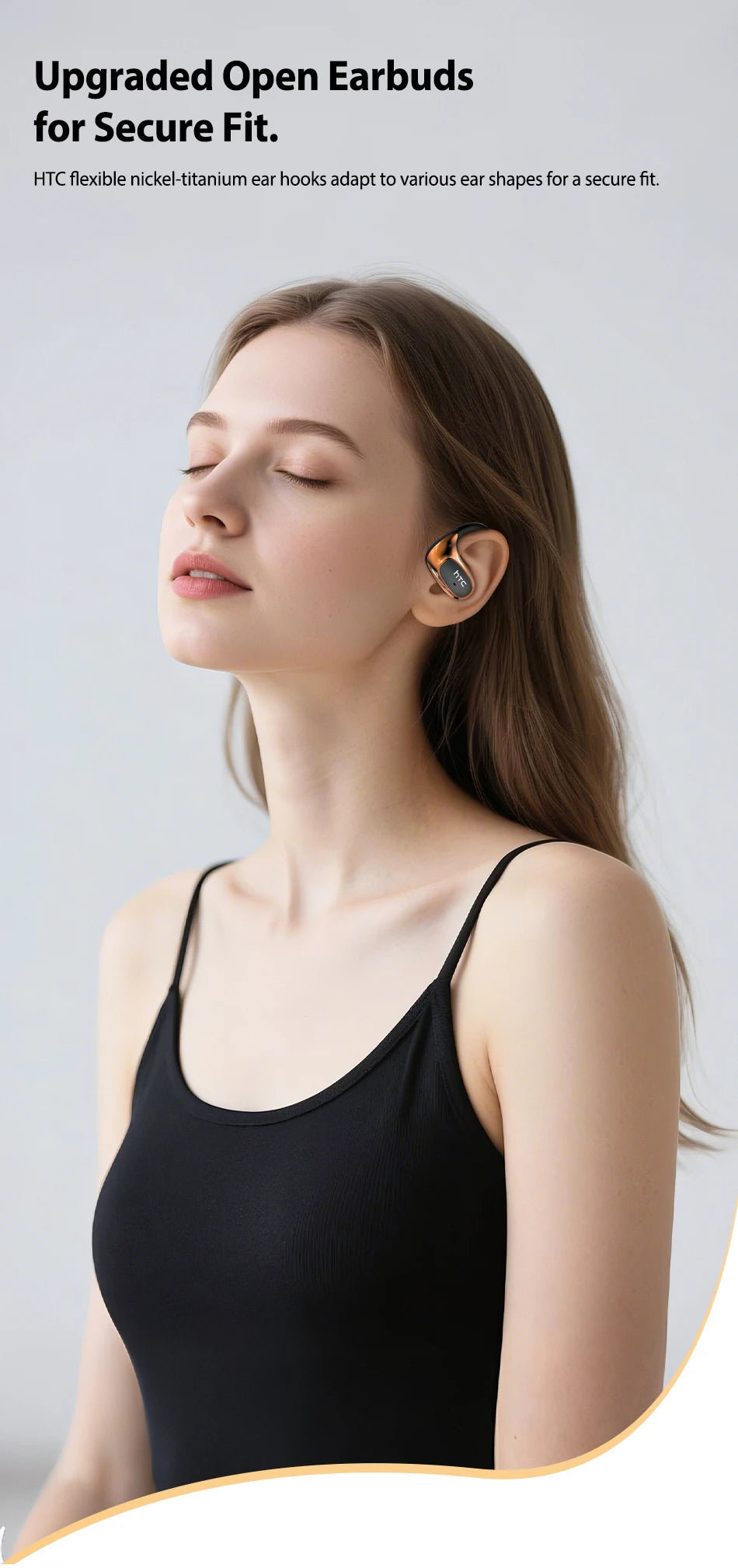 A woman is shown wearing upgraded open earbuds for a secure fit.