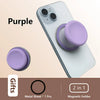 Purple 360 degree magnetic phone grip stand with silicone cover shown on a white smartphone.