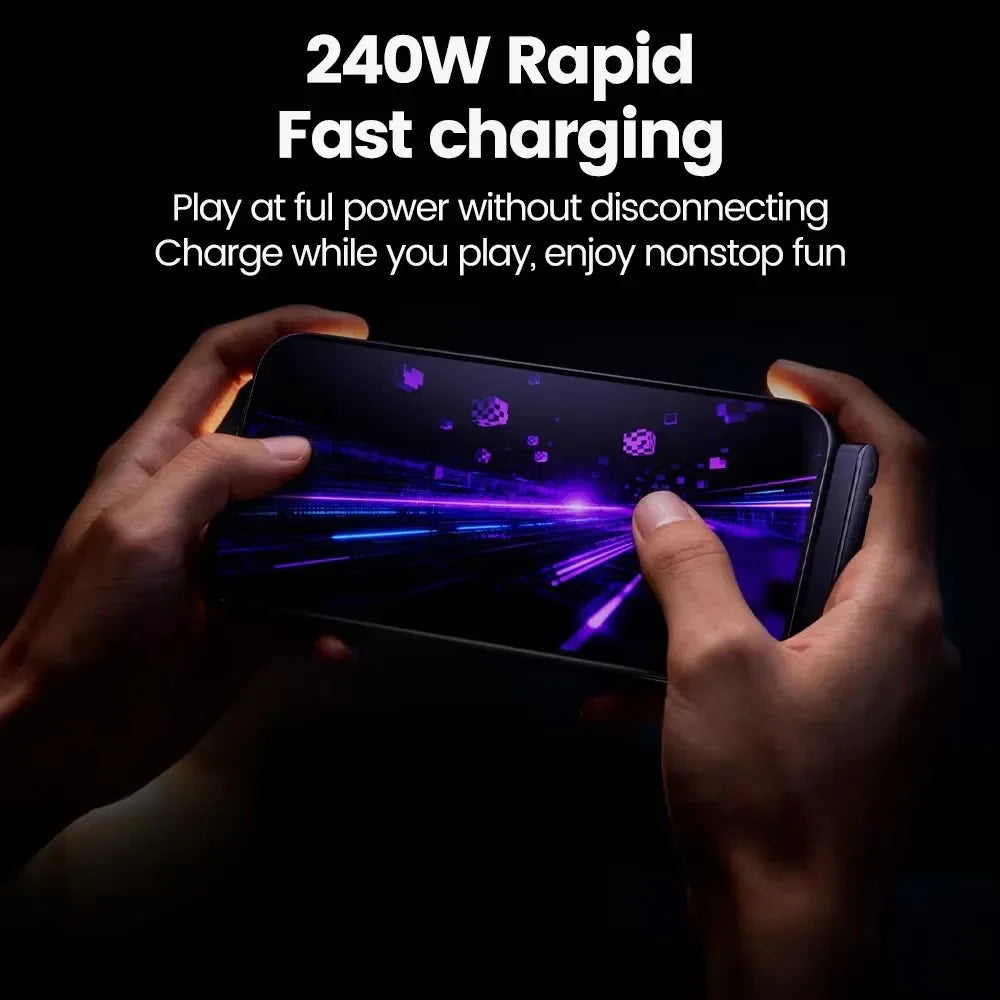 Hands holding a black smartphone with a purple light effect, demonstrating fast charging.