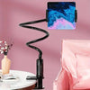 A black gooseneck tablet holder with a flexible arm displaying an abstract blue and purple watercolor design.