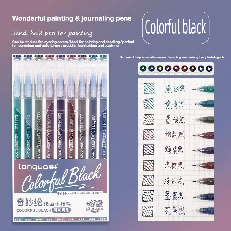 A set of colorful black hand-held pens for painting and journaling, featuring various tips and styles.