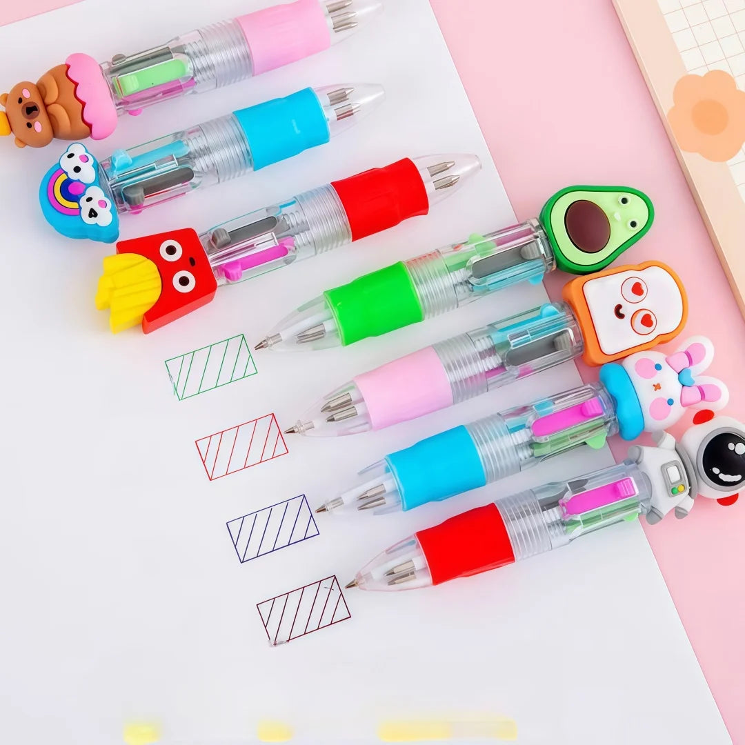A collection of four multicolor kawaii ballpoint pens with cute animal toppers arranged on a white background.
