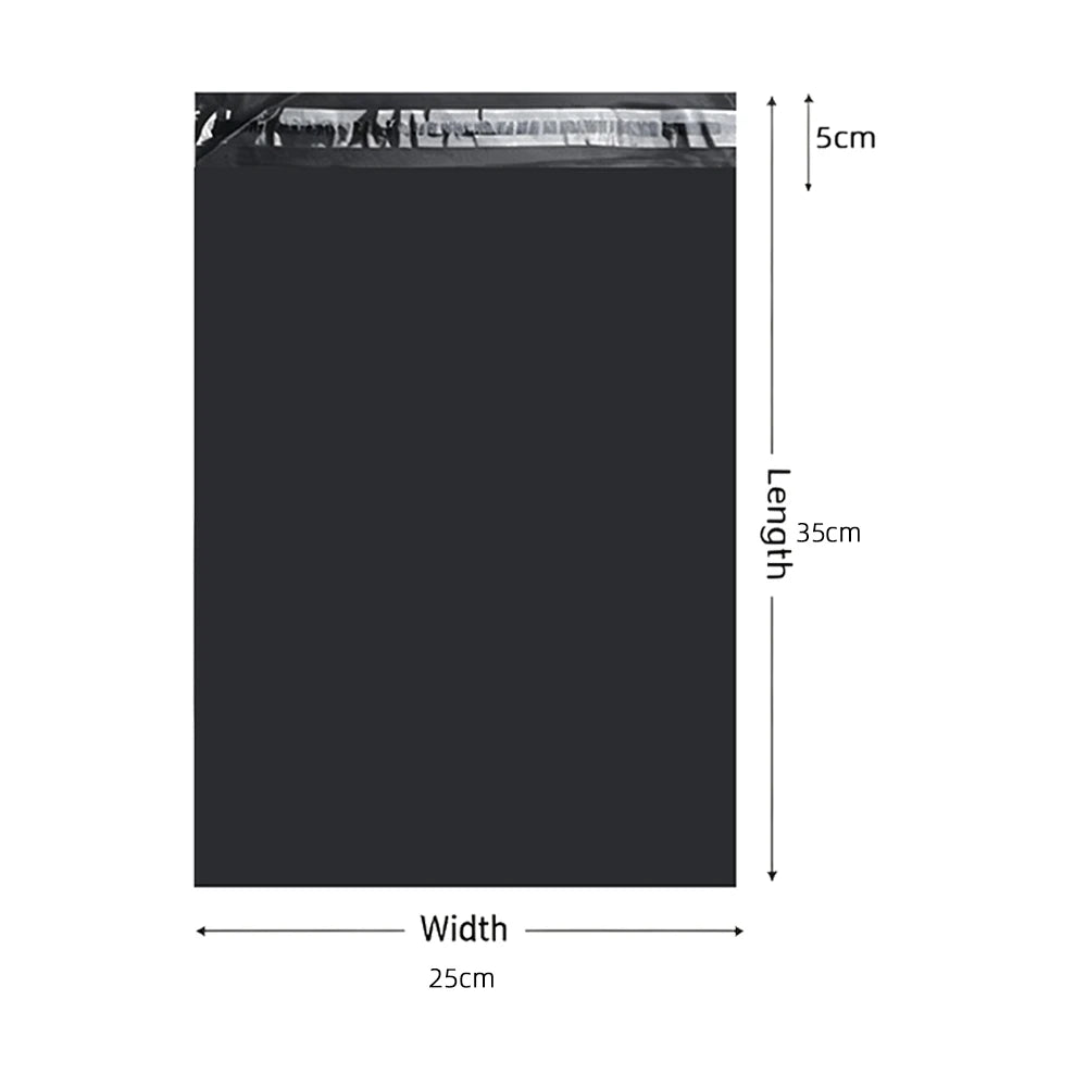A black poly mailer bag with dimensions of 25cm width and 35cm length, showing a view of the material.