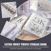 A clear photo storage book showing various money saving challenges and a vertical money saving book.