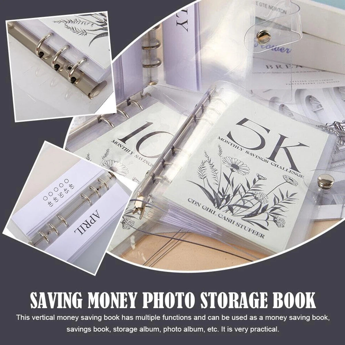 A clear photo storage book showing various money saving challenges and a vertical money saving book.