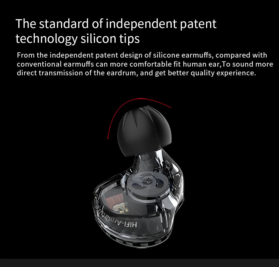 A close-up view of black wired headphones with a transparent housing and an attached earbud.