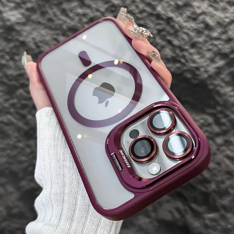 A hand holds a purple magnetic shockproof phone case for an iPhone displaying the Apple logo.