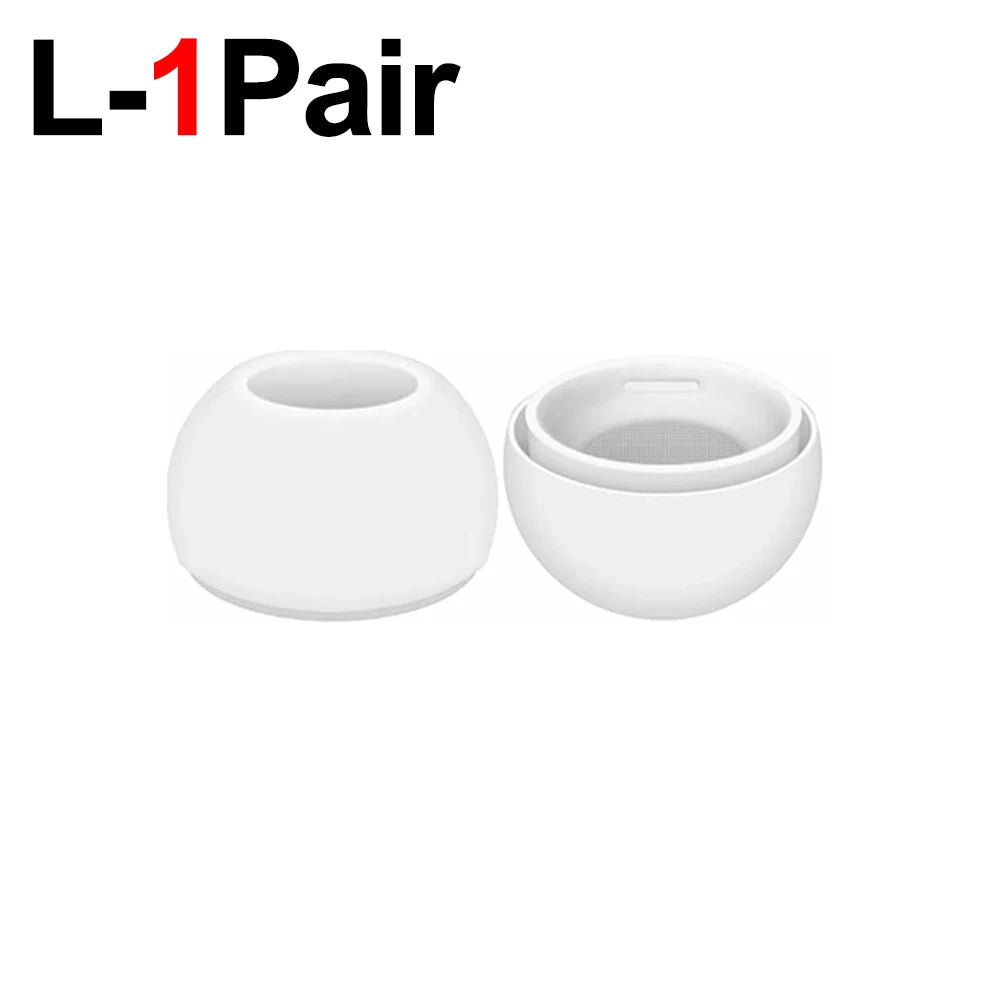 Une paire d'embouts en silicone blancs pour AirPods Pro, montrés comme deux composants séparés.