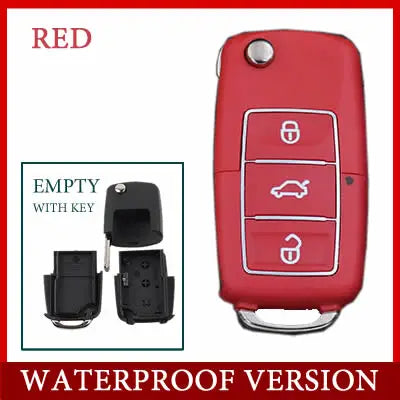 A red realistic fake car key hidden safe with a secret compartment shown in a close-up view.