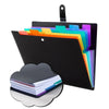 A black document organizer bag with seven colorful plastic folders and a stack of white papers.