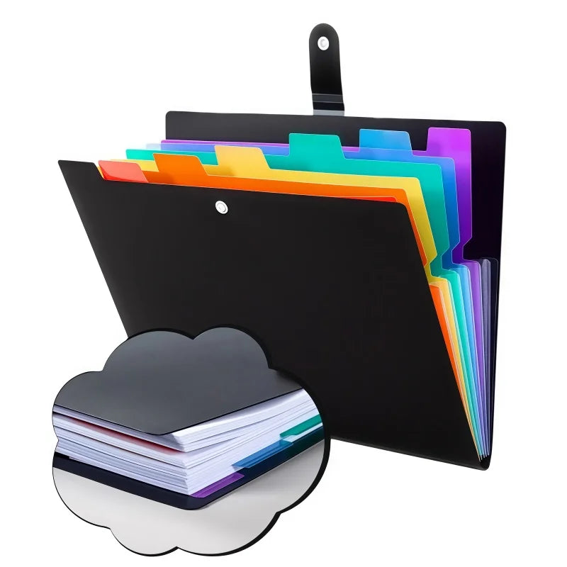 A black document organizer bag with seven colorful plastic folders and a stack of white papers.