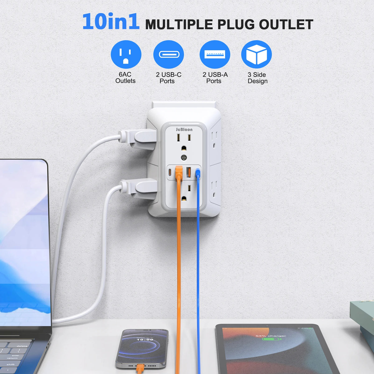 A white 10-in-1 multi-plug outlet is shown with various cables plugged into it, next to a laptop and a smartphone.