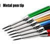 A set of six metal pen tips for pencils, showing various colors like green, silver, and blue.
