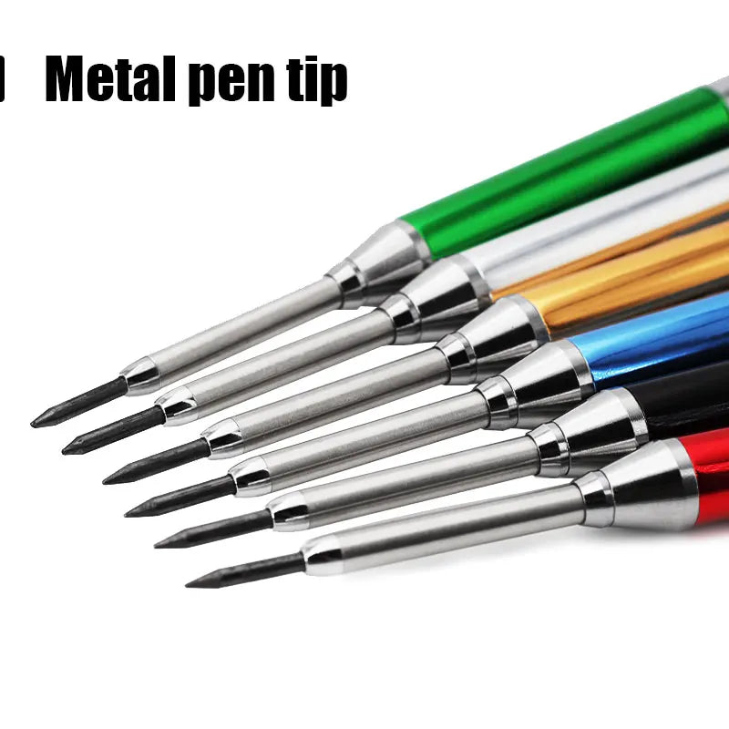 A set of six metal pen tips for pencils, showing various colors like green, silver, and blue.