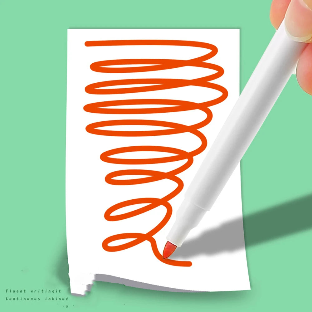 A white pen is drawing a spiral line on a piece of paper, demonstrating fluent writing.