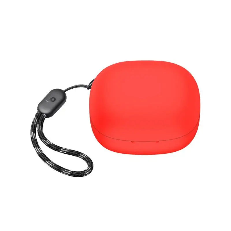 A red silicone protective case for Soundcore P20i earbuds with a black lanyard.