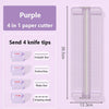Purple 4 in 1 paper cutter with interchangeable knife tips including straight line, dotted line, wavy line, and crimping mark